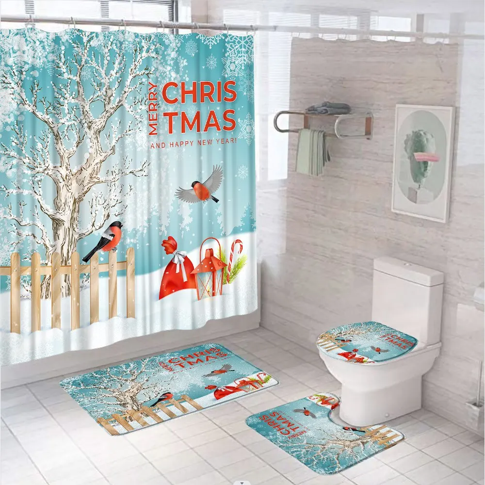 Christmas Cartoon Santa Claus Snowflake Bathroom Set Shower Curtain Rug Bath Mat Toilet Cover Xmas Bowknot Black Gold Tub Screen