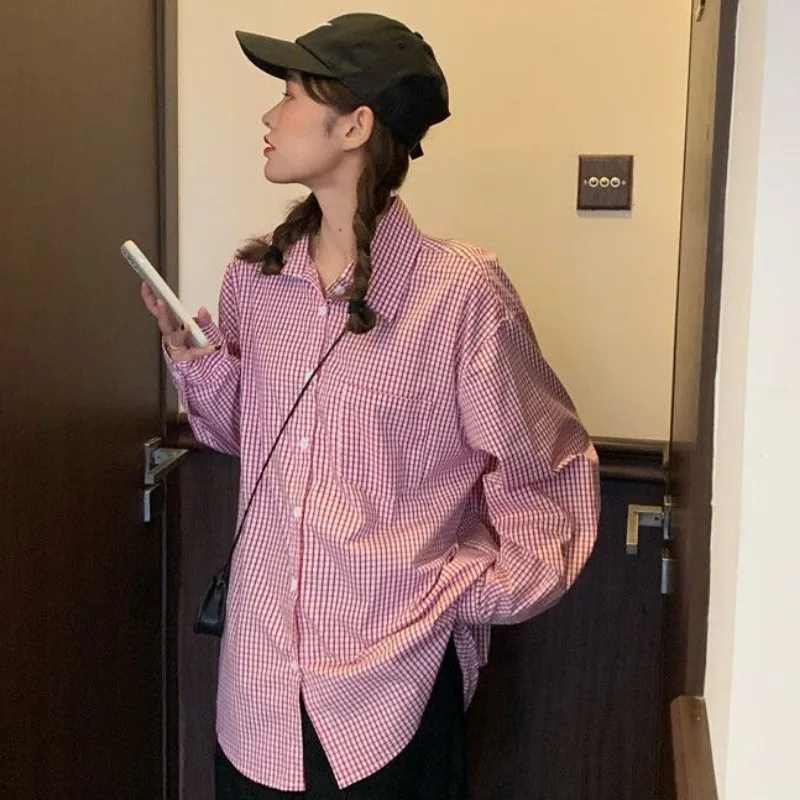 Ins Plaid Shirts Women Red Blue Long Sleeve Students All-match Simple Ulzzang Loose Spring Summer Chic Streetwear Mujer Fashion