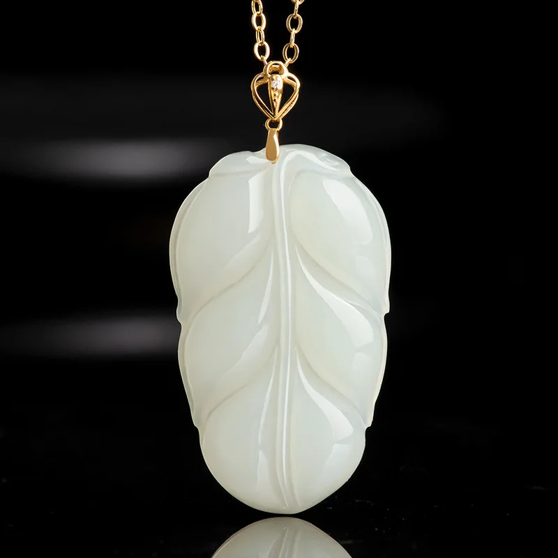 

"Genuine Hetian White Jade Leaf Pendant - 18K Gold Plated Natural Stone Necklace for Men & Women"