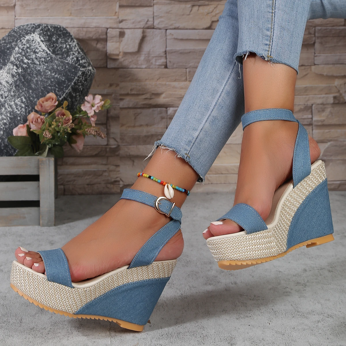 Summer New Blue Denim broadband crossover Wedge Sandals Womens Fashion Ankle Buckle Hemp rope Bottom High Heeled Shoe Size 42