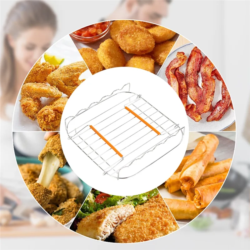 Stainless Steel AirFryer Grill Rack 8 Inch Versatile Square Roasting Grill with Skewers Baking Tray AirFryers Holder image 2