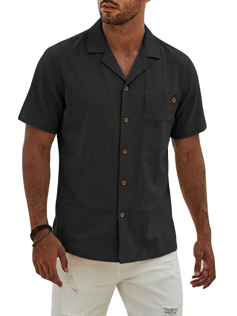 Summer Men's Short Sleeve Shirts Lightweight Hawaiian Linen Shirts for Men Casual Henley Shirt Beach V-neck Breathable T-shirts