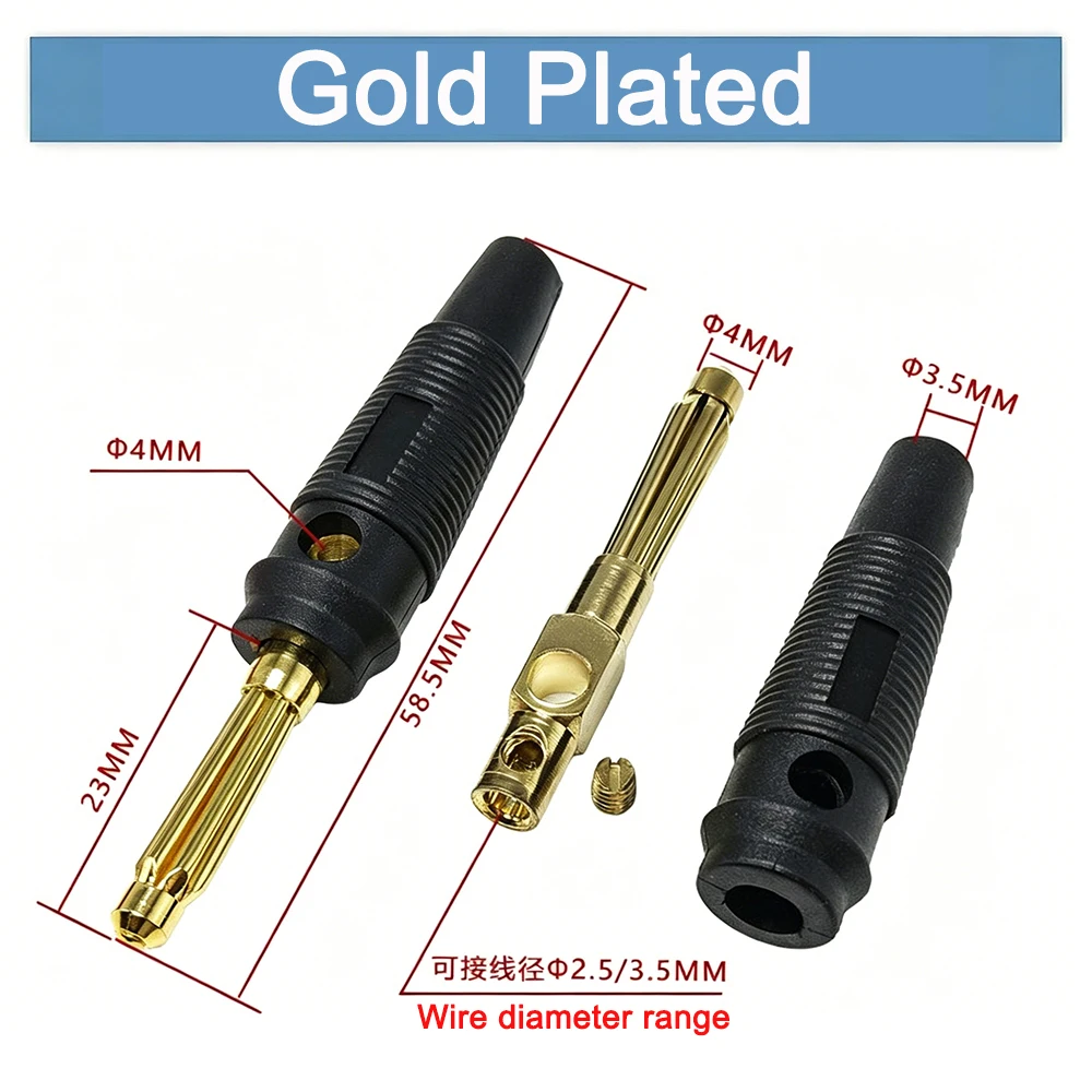 100PCS 4mm Banana Plug Connector 32A High Current Solderless Screw Terminal Side Stackable Copper Gold Plated Nickel Plated Plug