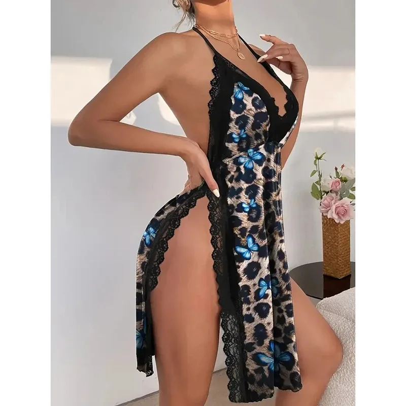 Leopard Print Butterfly Chemise for Women Lace Trim Halter Neck Backless High Slit Sleepwear Dress for Nightwear 5