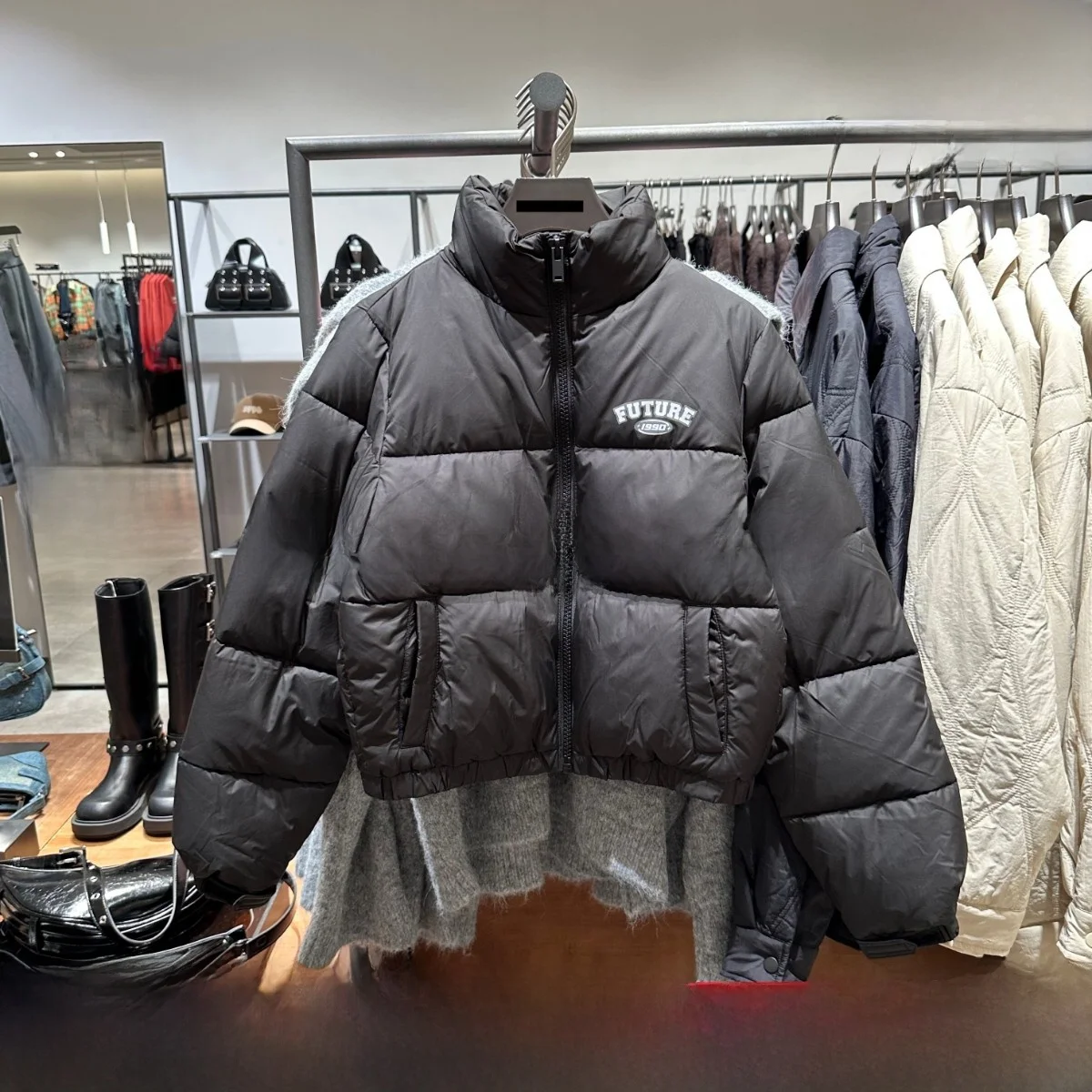 

Хлопковое пальто с тепловым наполнителем, осень-зима, женское пальто с буквенным принтом и воротником-стойкой, полиэфирная ткань, застежка-молния