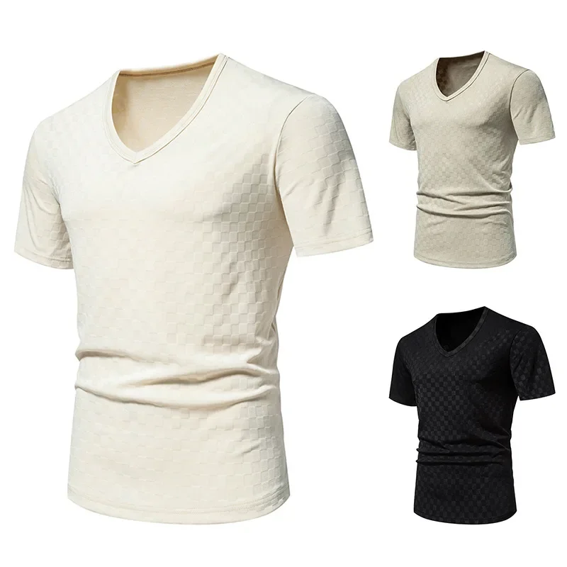 

Summer Men Short Sleeved V-neck T-shirt Youth Leisure Tee Shirt Large Size Solid Color Leisure Bottom Shirt Simple Fashion Tops