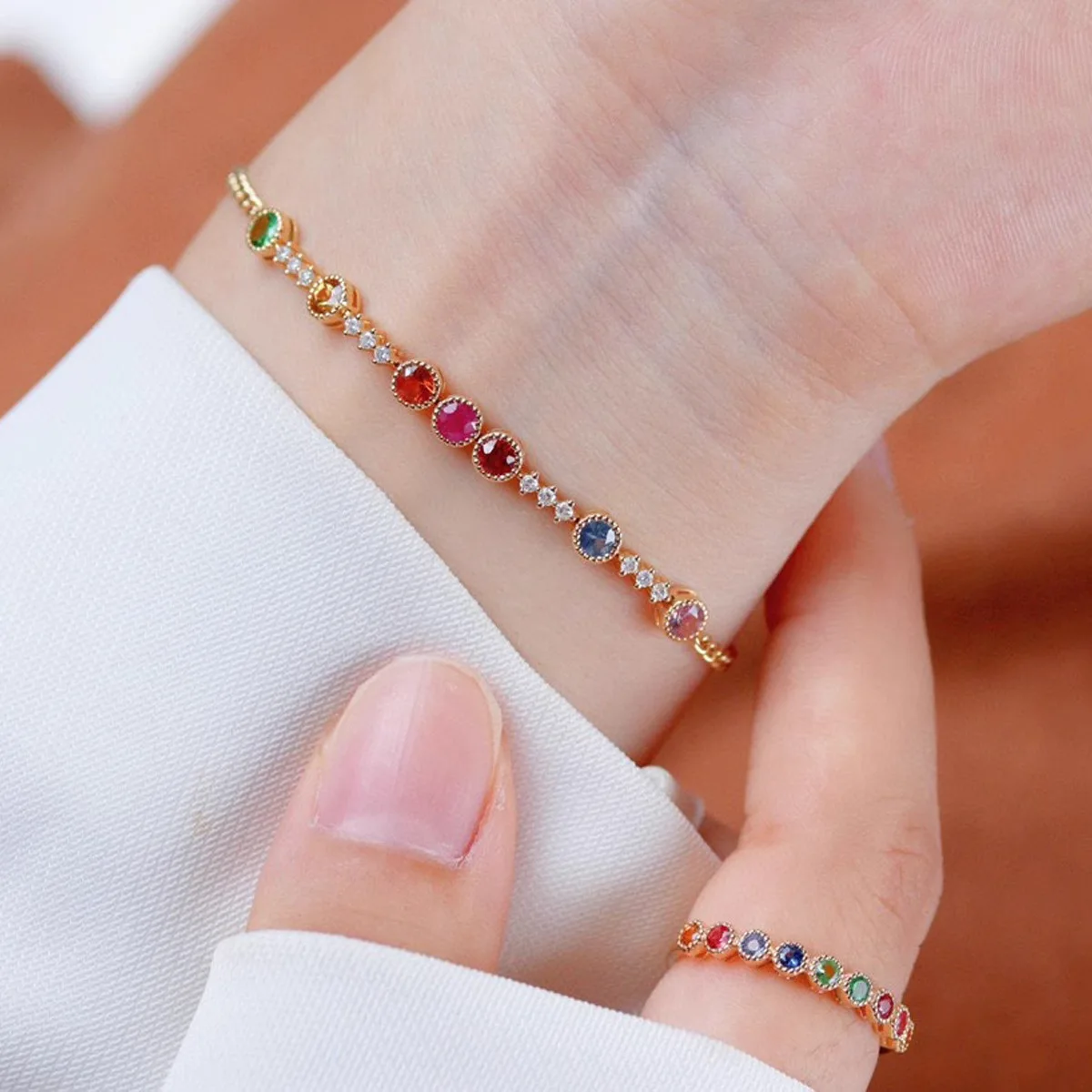 

Luxury Chic 925 Silver Natural Rainbow Gemstones Tennis Bracelets For Girls Colorful Sapphire Ruby Irregular Cuff Bangle Jewelry