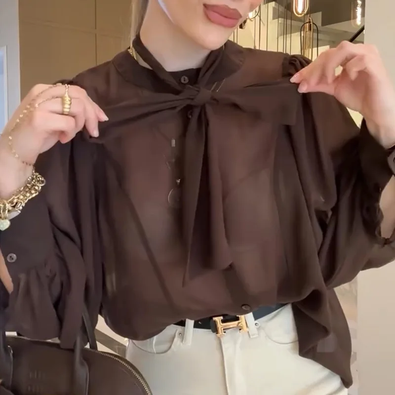 2025 été nouveau doux Floral lâche lanterne manches cravate cou Blouse femmes chemise