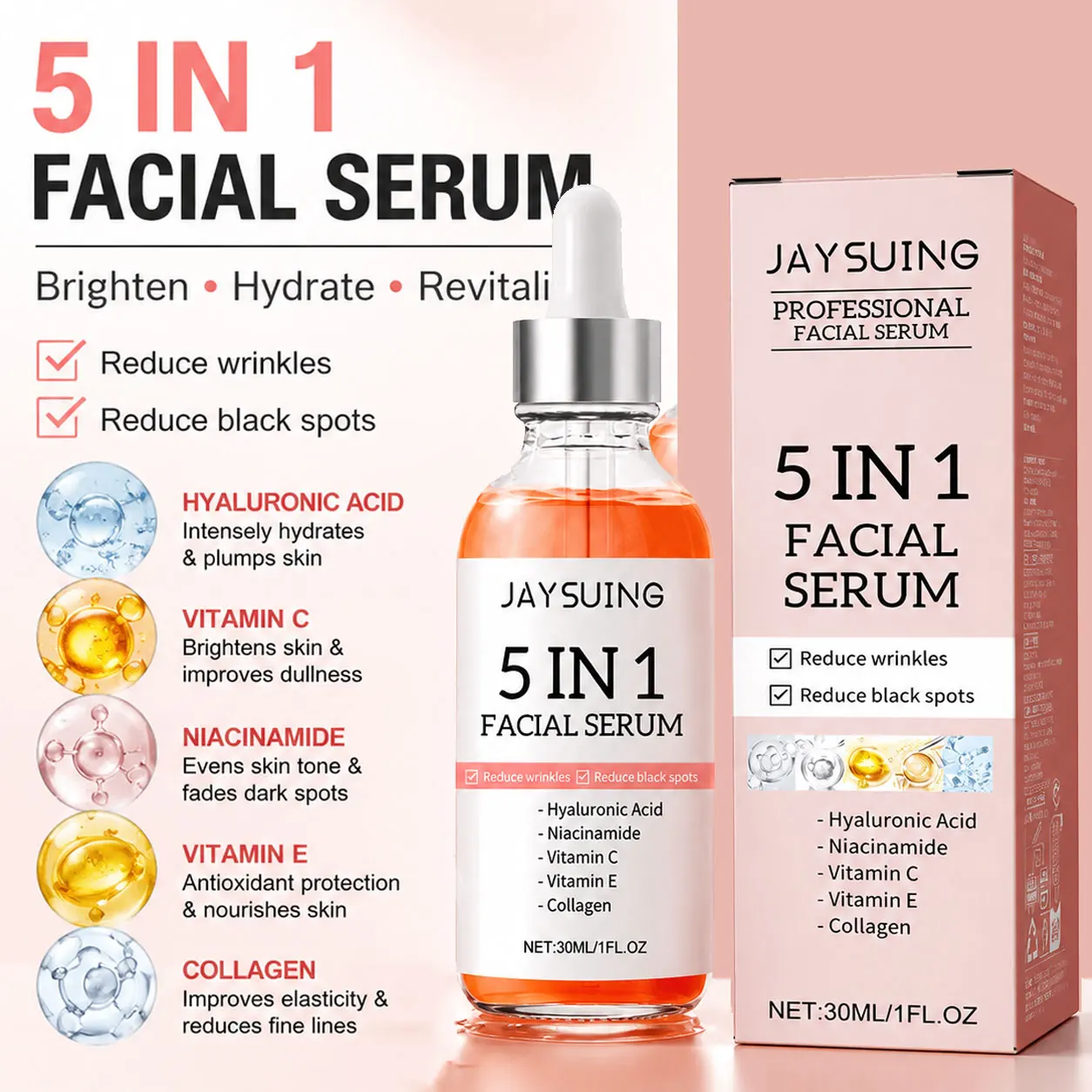 Suero facial con vitamina C, ácido hialurónico, suero iluminador con vitamina E para manchas oscuras, tono de piel uniforme, esencia hidratante para el cuidado de la piel
