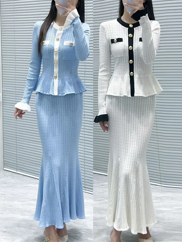 

Высококачественная версия Ele Round Ne Fi-Tail Комплект юбки с трикотажной открытой рубашкой Long Sve Лето-Осенний женский костюм Faion