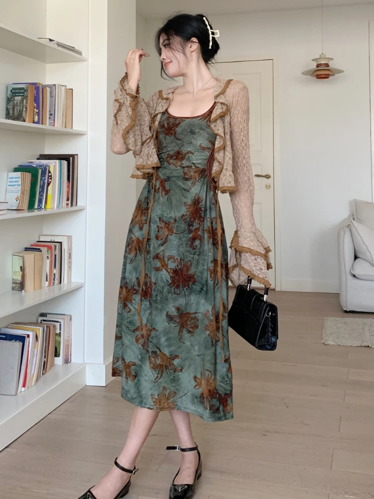 Vintage Elegant Floral Slip 2 Piece Sets Women Hollow Out Y2k Designer Velvet Long Dress Female Korea Fashion Chic Clothes 2024