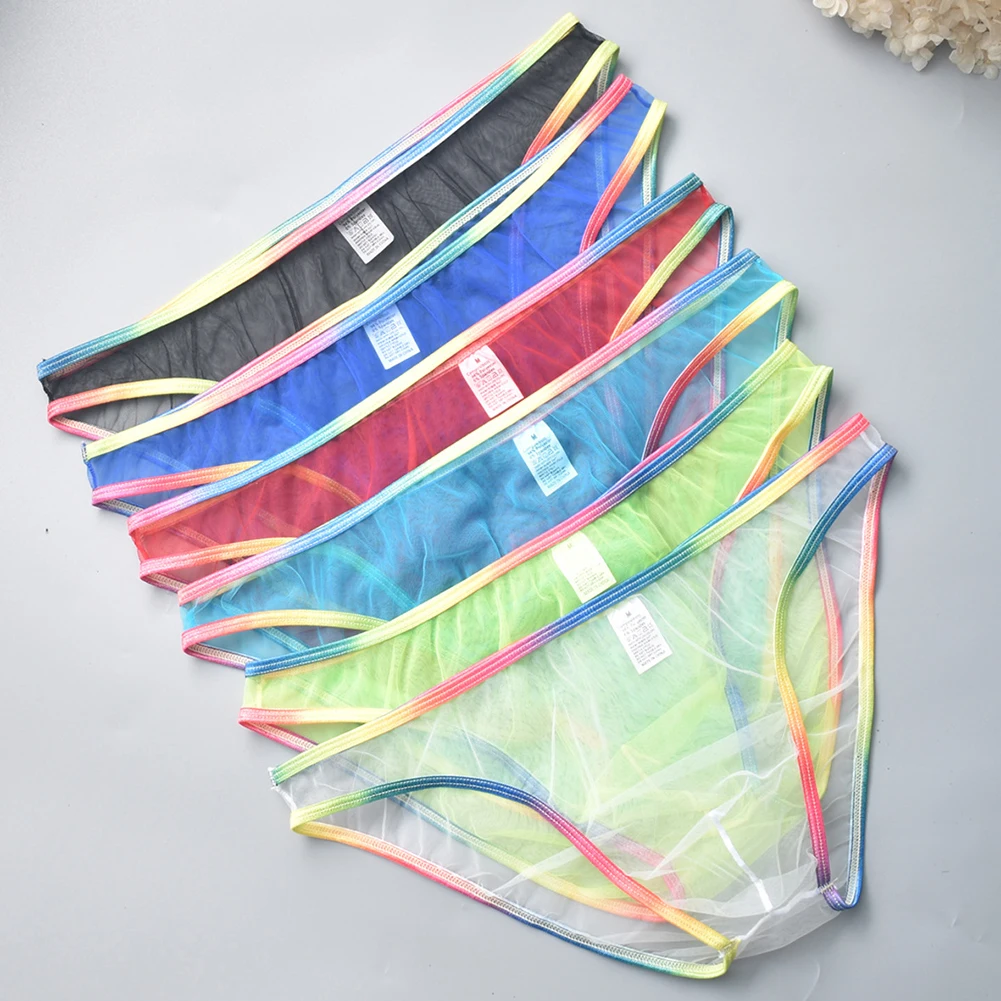 Men Ultra Thin Mesh Transparent Briefs Rainbow Edge Panties Breathable See Through Underpants Low Rise Underwear Erotic Lingerie