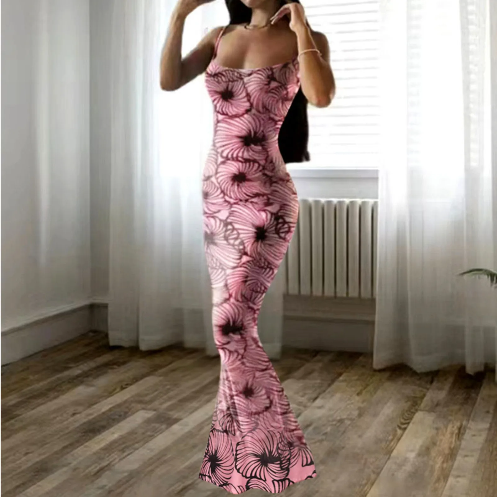 

Summer 2024 Slim Fit Backless Maxi Dress Sexy Fashion Floral Print Bodycon Holiday Dress Elegant Spaghetti Strap Fishtail Skirt