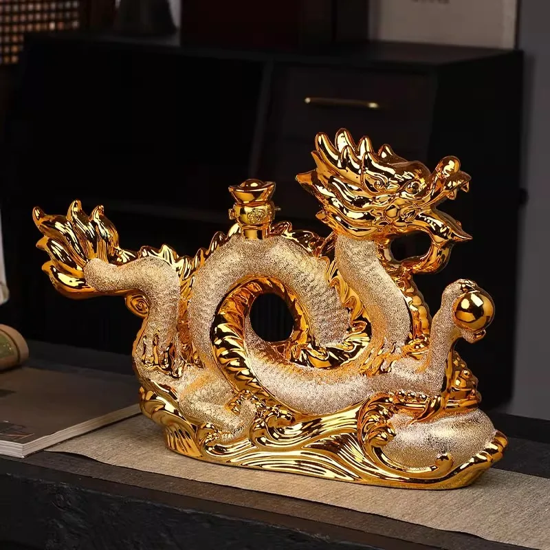 

48cm Jingdezhen gold ceramic empty wine bottle carving dragon bottle gold-plated gift box household sealed Baijiu bottle decorat
