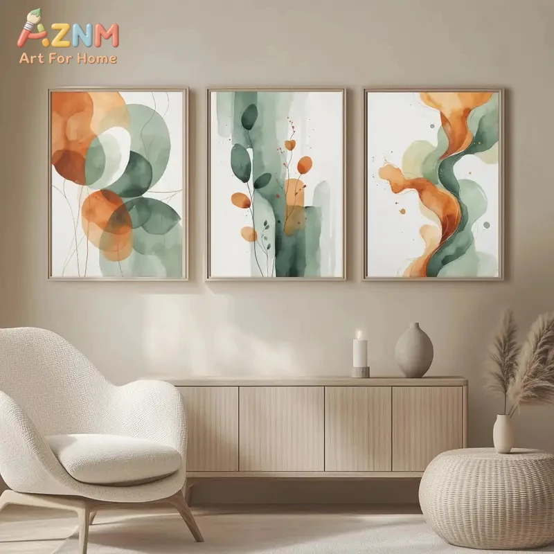 3pcsAZNM Sage Green Terracotta Watercolor Botanical Canvas Wall Art Minimal Abstract Geometric Circle Line Art Giclee Print Unfr