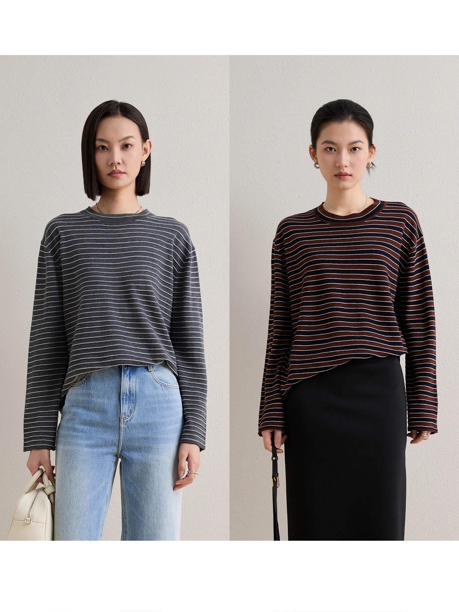 

ChangDX Premium Small Wool Knitwear Soft Wide Stripe Relax Fit Women's Long Sve round Ne Pullover Breathable Spring Faion