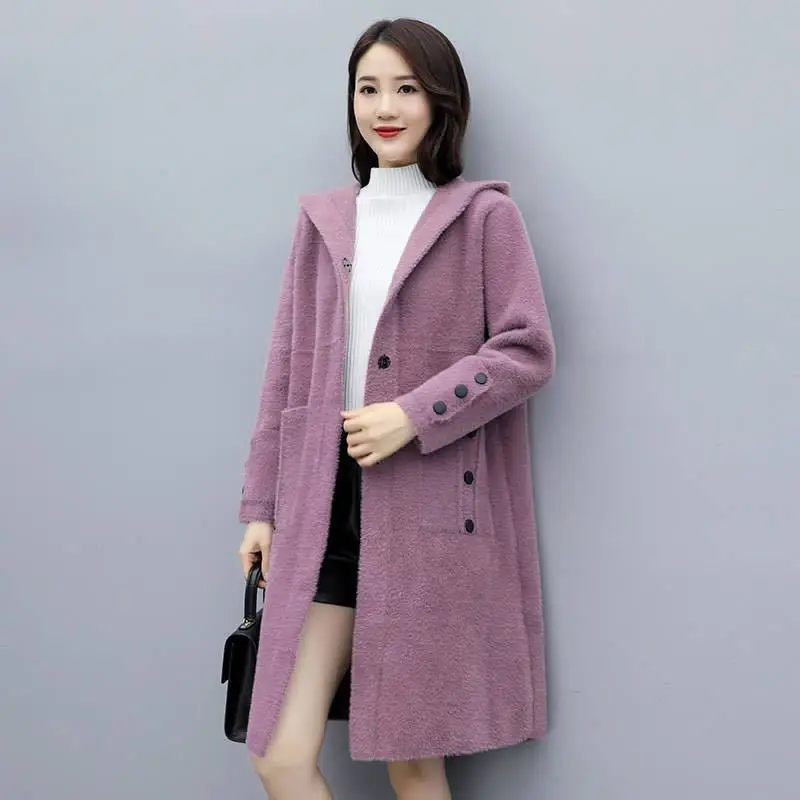 Women Imitation Mink Fleece Sweater Coat Medium Long Wool Thickened Overcoat Female Hooded Windbreaker 2025New Autumn Winter Top