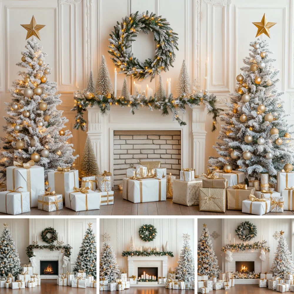 

White Fireplace Christmas Photo Backdrop Snow Xmas Tree Golden Star Wreath Candle Gift Box Holiday Family Studio Background