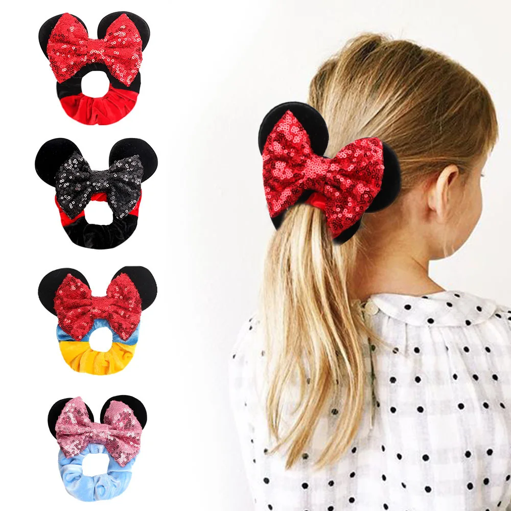 Disney Mickey Mouse Velvet Hair Ring Women Elastic Ponytail Holder Hairband Girls Sequin Bow Kids Party DIY Hair Accessories