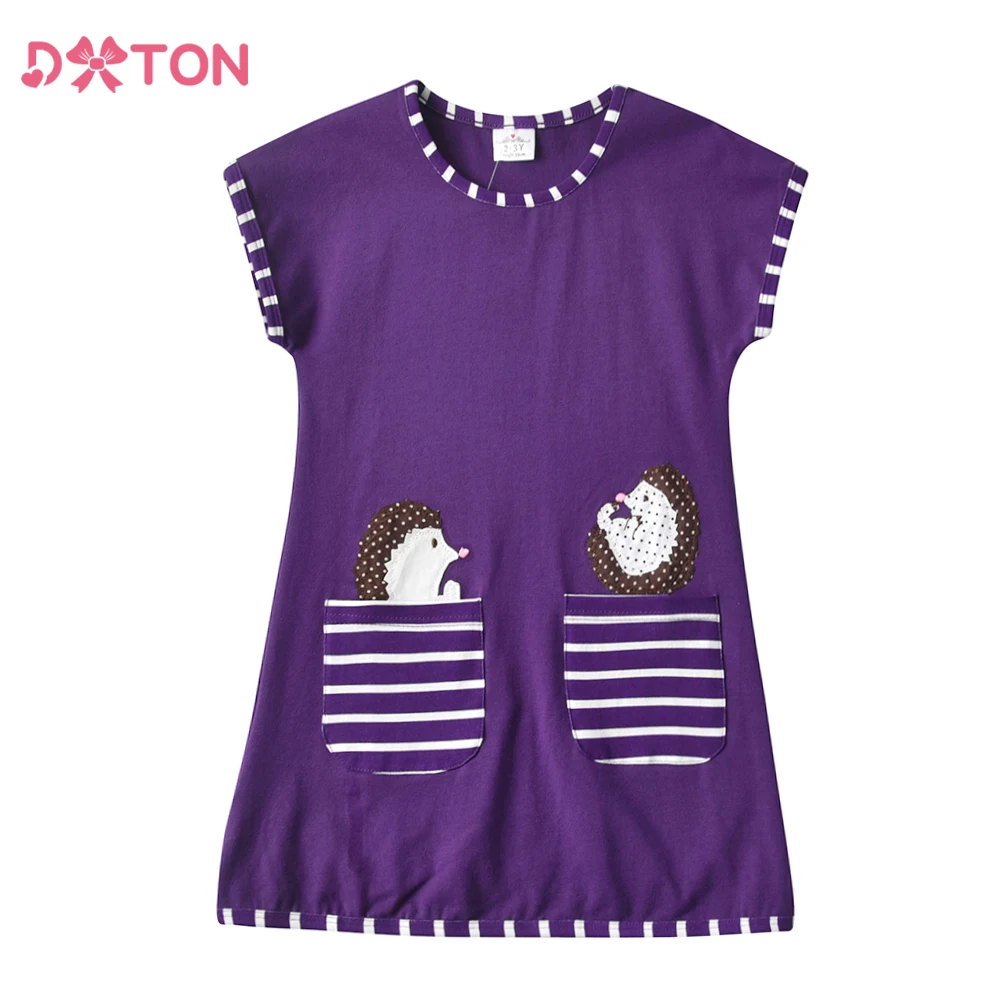 DXTON Summer Girls Dresses Striped Short Sleeve Kids Dress For Girls Toddler Cotton Clothing Children Cartoon Dress with Pockets