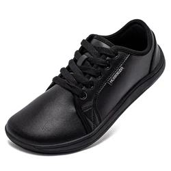 HOBIBEAR Wide Barefoot Artificial Leather Shoes for Unisex Minimalist Zero Drop Shoes Non-Slip Fashion Sneakers