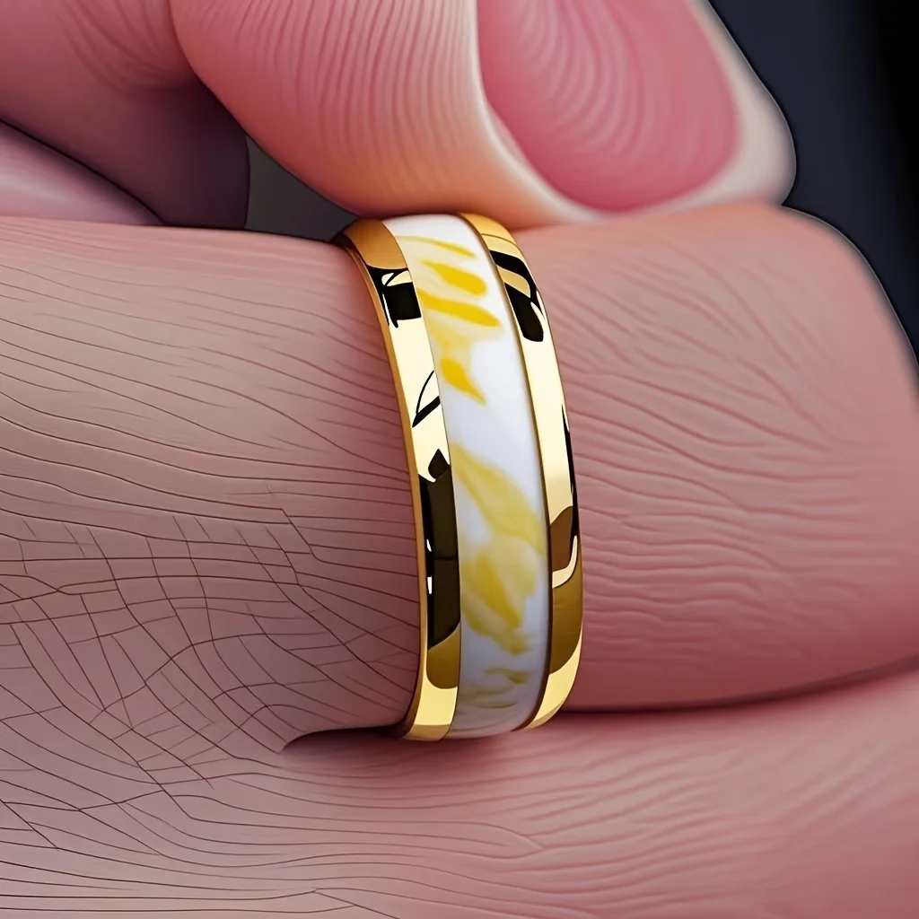 8MM Fashion Gold Color Men Stainless Steel Rings Unique Stone Inlay Engagement Wedding Band Jewelry Party Ring Accessories Gift