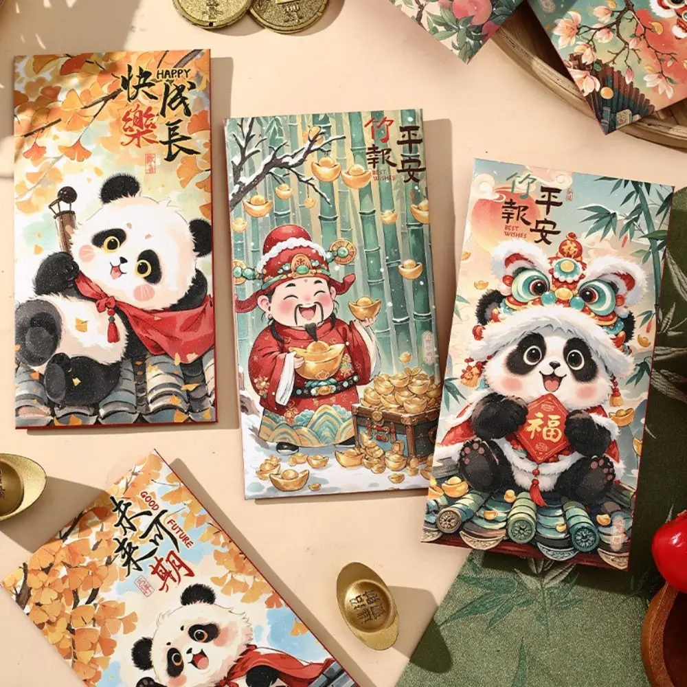 6pcs Chinese Style New Year Red Envelopes Traditional Hongbao Good Lucky Red Packets Blessing Panda God of Wealth Money Bag