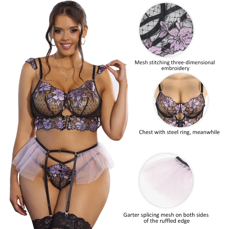 Comeondear Fashion New Ultra-thin Lingerie Panties Set Plus Size Suspender Belt Bra Briefs Lady Sexy Embroidered Mesh Underwear