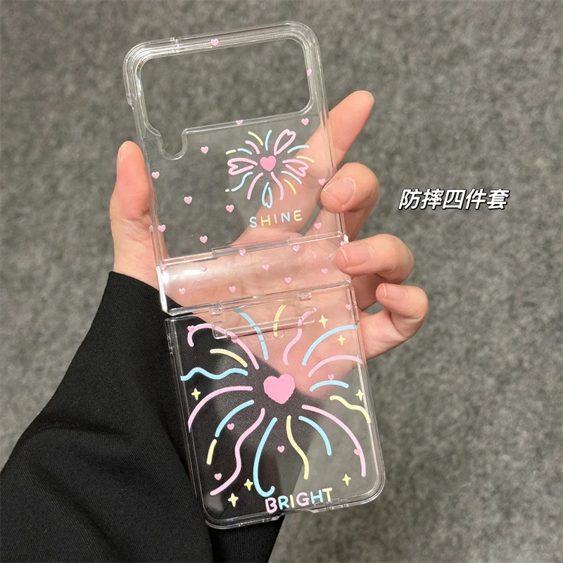 Funda trasera transparente a prueba de golpes para Samsung Galaxy Z Flip 3, 4, 5, Z Flip5, ZFlip5, pulsera de fuegos artificiales de colores