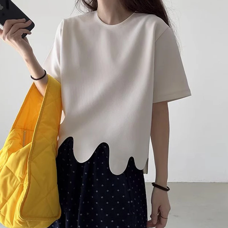 

Летняя шикарная круглая футболка Ne ort Sve, свободная посадка с волнистым узором, асимметричный дизайн, корейский женский топ для поездок на работу