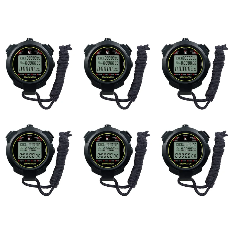 6X Digital Sports Stopwatch, 10Lap /Split Memory Stopwatch Count Down Timer, Large Display Waterproof 12/24 Hour Clock