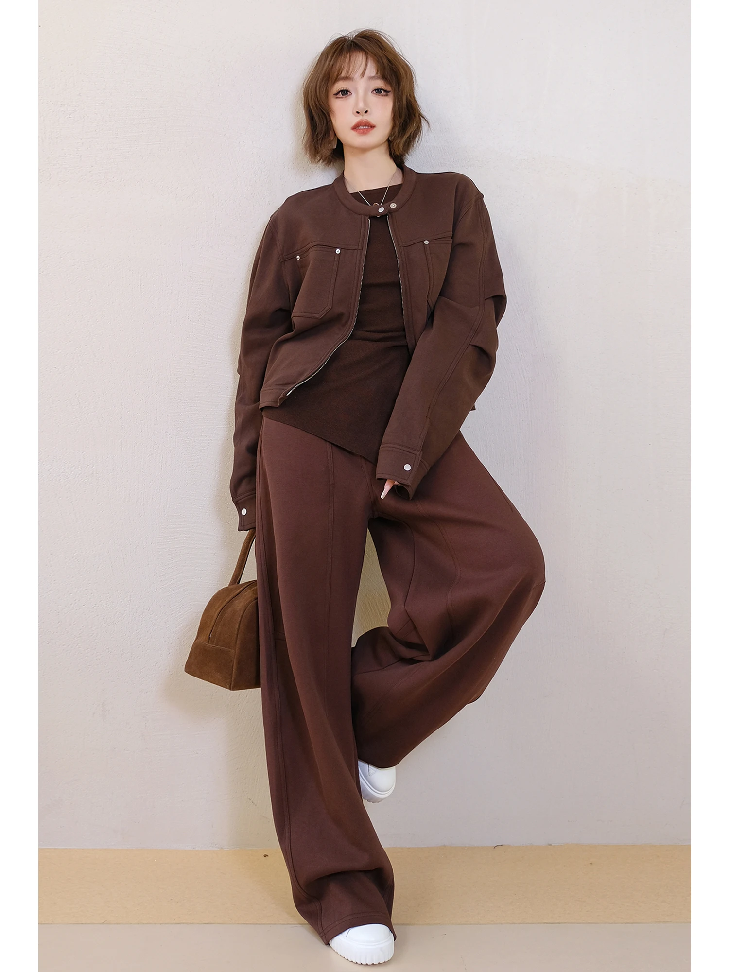 

Комплект MIUCO: свитшот с круглым вырезом и брюки с высокой талией, повседневный комплект из комфортного хлопка, куртка на молнии, длинные прямые брюки