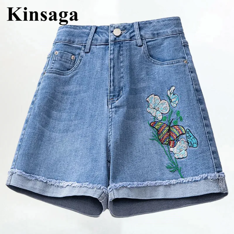 

Chic Embroidery Shorts Jeans Teen Girls Indie Aesthetic Simple Revers Tassels Hem A-line Demin Short Pants Artsy Turnup Bermuda