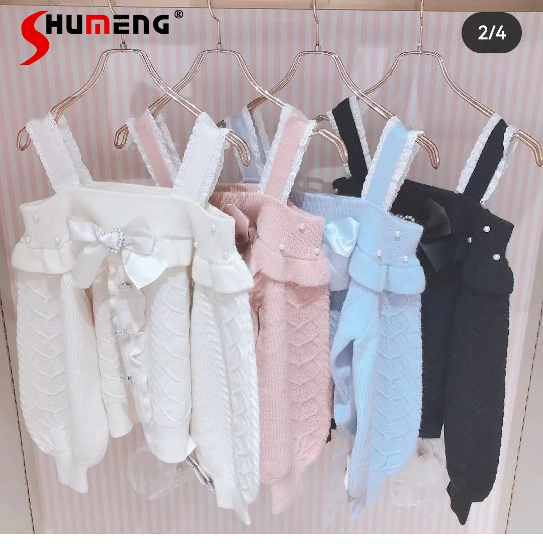 

Japanese Lolita Kawaii Big Bow Sling Sweater Winter New Super Soft Gentle Heart Buckle Core-Spun Yarn Strap Sweaters for Women