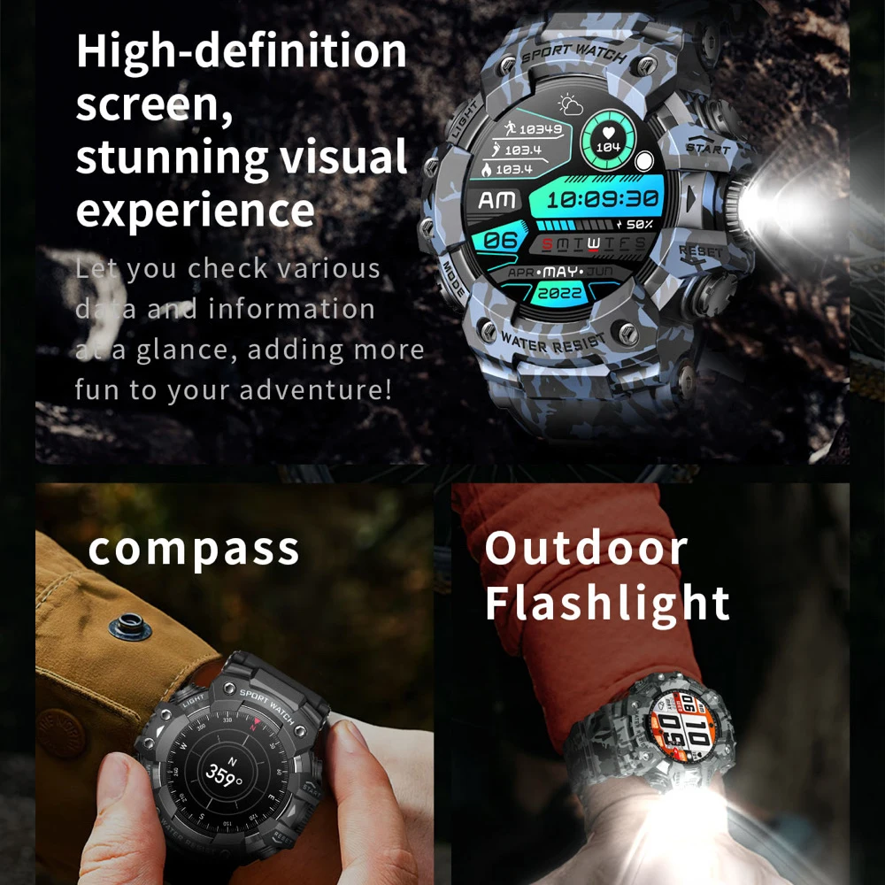 Flashlight Outdoor Sports Smart Watches Men Blue Tooth Call Smartwatch Compass Waterproof Sleep Health Monitoring Message Push
