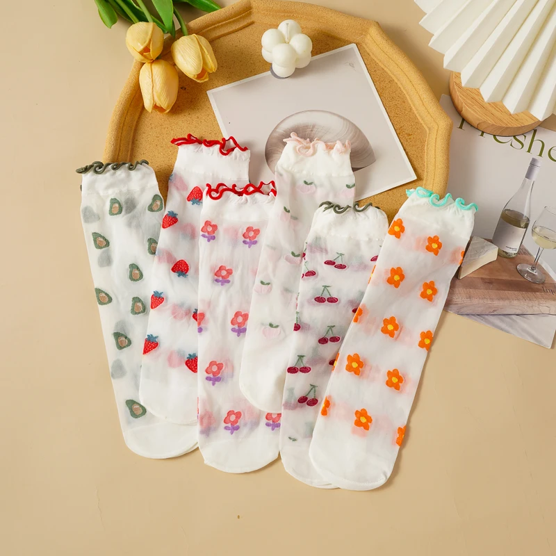 

Summer Thin Mesh Glass Silk Women's Short Socks Lace Jk Pile Socks Japanese Style Cute Strawberry Mid-tube Socks