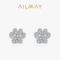 Ailmay Real 925 Sterling Silver Clear Zircon Cute Animal Dog Cat Paw Heart Earrings For Women Footprints Valentine's Day Gift
