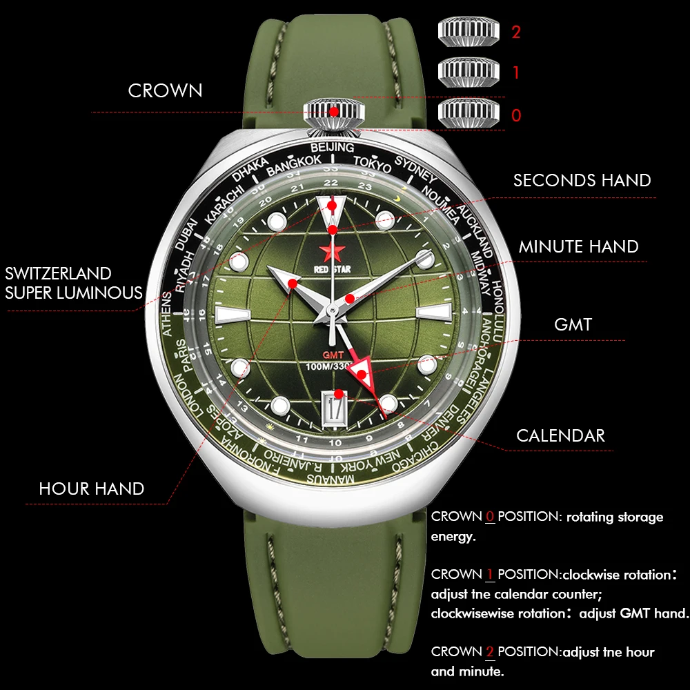 RED STAR 42mm New BullHead 100m Diving Automatic Mechanical Watches Calendar Luminous Double Domed Mineral Glass NH34 Wristwatch