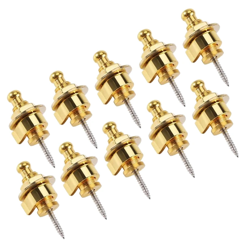 10Pcs Guitar Strap Locks,Round Head Strap Locks And Buttons Guitar Bass Security Quick Release Strap Locks (Golden)