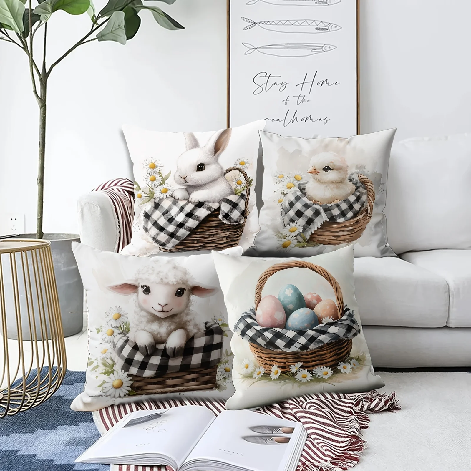 4Pcs Easter Pillow Covers 45x45cm Double-sided Printed Bunny Chick Lamb Cushion Cases Spring Farmhouse Decor Throw Pillows No