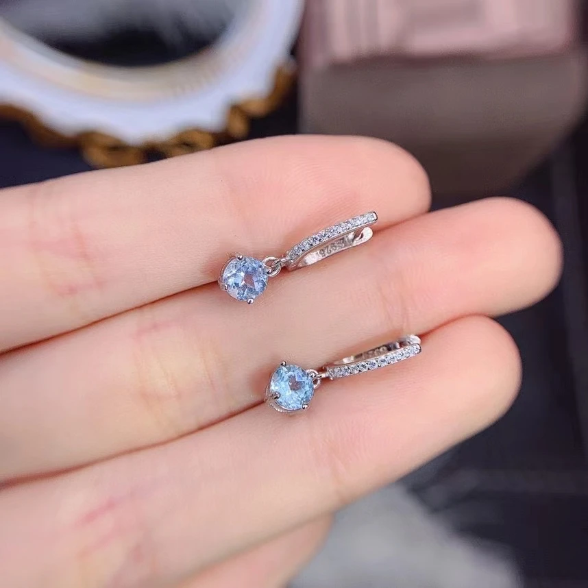 Vintage Classic Natural Aquamarine Ear Clip 925 Sterling Silver Inlaid Blue Gemstones Women's Jewelry Earrings Bridal Party Gift