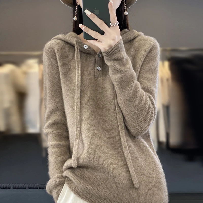 100% Wool Soft Sweater Women\'s Autumn Winter Long-sleeved Hooded Collar Pullover Solid Loose Thick Bottoming Warm Shirt Top