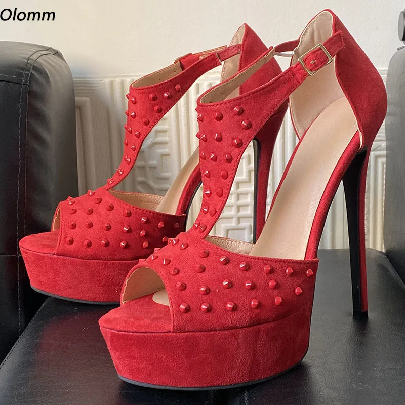 

Olomm Handmade Women Sandals Sexy Rivets Stiletto Heel Open Toe Beautiful Red Night Club Ladies Shoes US Size 5-20