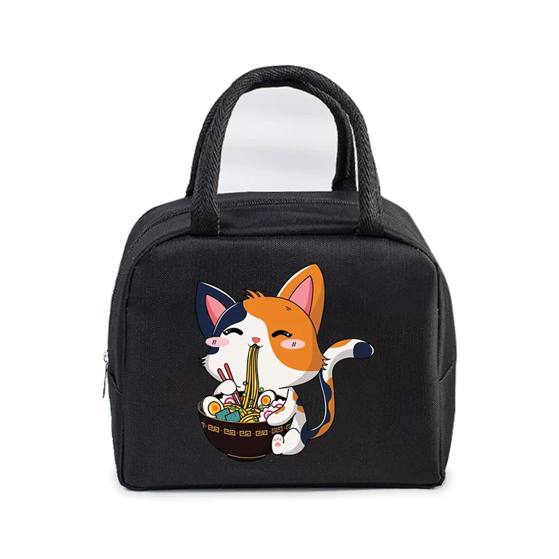 Ramen Cat Print Lunch Bag Men and Women Cartoon Style Kitten Graphics Bento Thermal Handbags Thickened Insulation Lunch Box Bag