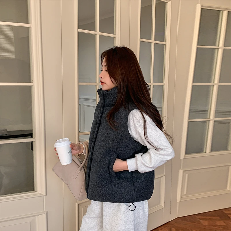 Women's Stand Collar Loose Fit Thickened down Cotton Vest Autumn Winter New Style Fashionable Outerwear Jacket Short Length