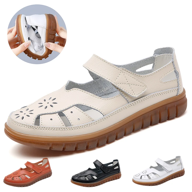 Sandals Summer Breathable Genuine Leather Slippers For Women Fashion Non-Slip Wear-Resistant Roman Shoes New Flat White Shoes