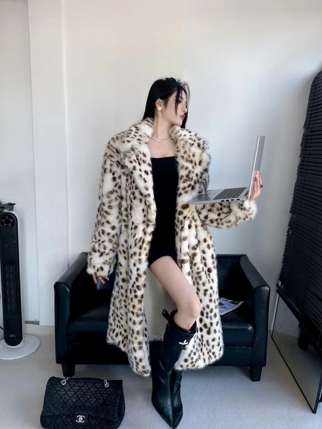 2024 Autumn/Winter New Women\'s Fashion Fur Coat with Leopard Print and Mink Fur, Long Fox Fur Outerwear