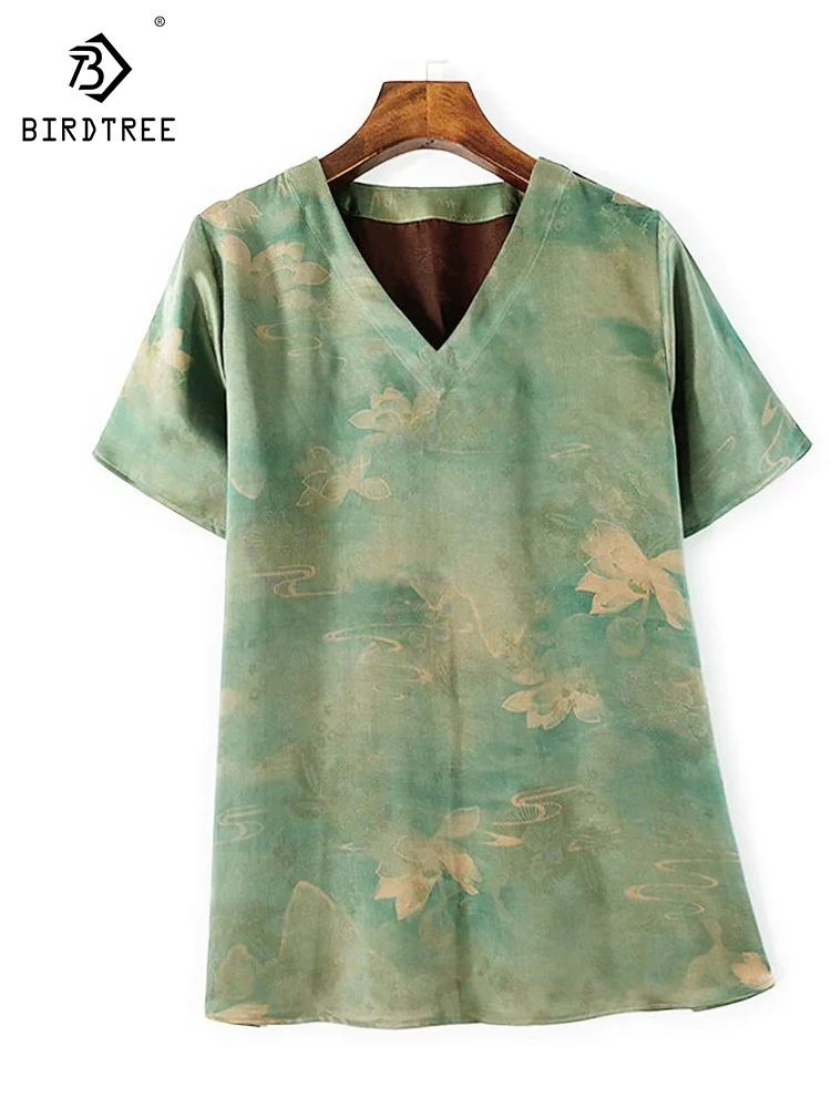 

BirdTree-35MM Silk Watered Gauze Elegant T-Shirt, Women V Neck Short Sleeve Jacquard, Retro OL Loose Top, 2025 Summer T57159CC