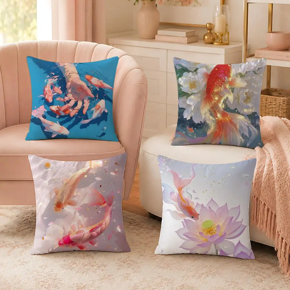 Koi and Lotus Watercolor Painting Cushion Cover Custom Plush Pillow Cover Soft Cloud Comfort for Sofa Bed Couch
