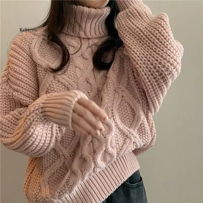 

2021 Thick Needle Twist Sweater Women Korean Vintage Cashmere Knitted Pullover Winter Turtle Neck Lazy Oaf Female Clothing